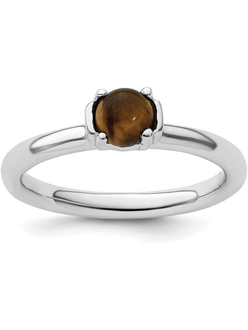 925 Sterling Silver Stackable Tigers Eye Ring, Rhodium-Plated, Size 5-10